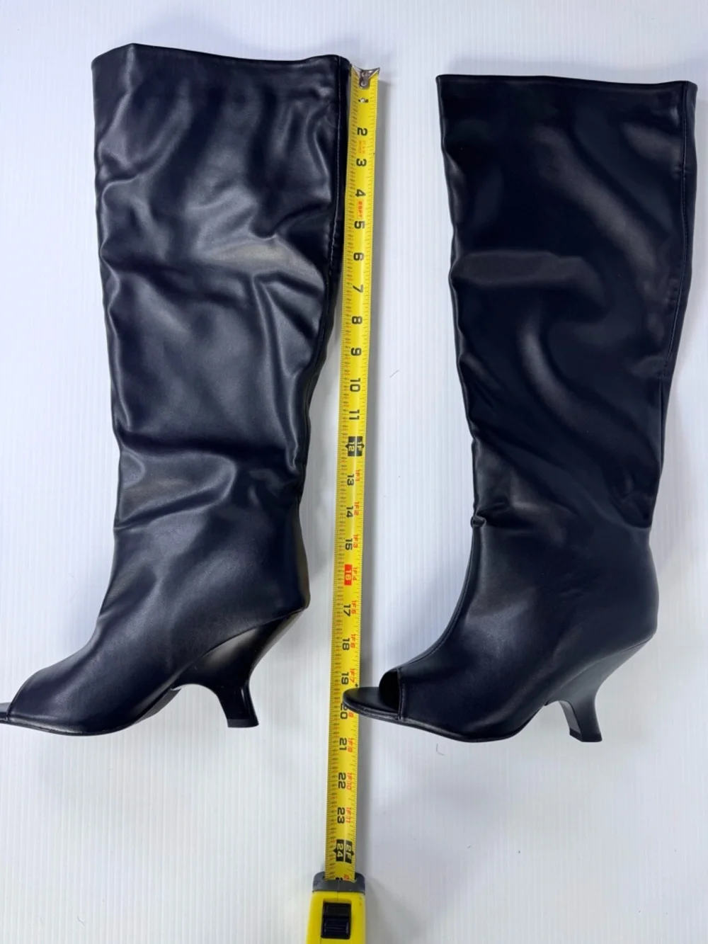 Black Slouchy Knee-High Boots Peep Toe Kitten Heel Size 6.5